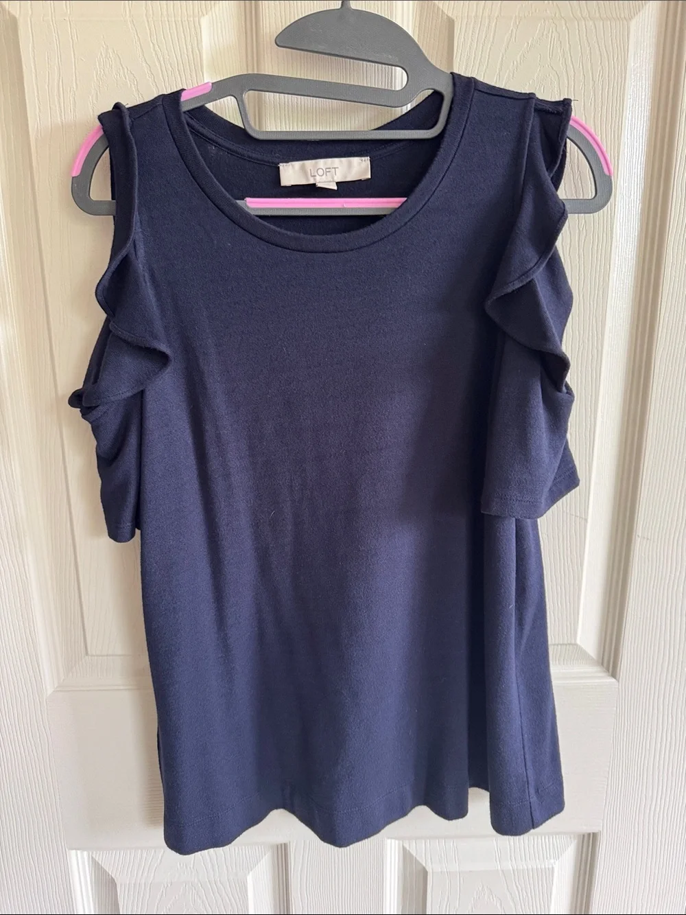 LOFT Navy Ruffle Cold-Shoulder Top - Picture 2 of 6